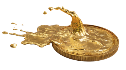 Golden coin melting into liquid gold, wealth and fragility concept, isolated on a white background