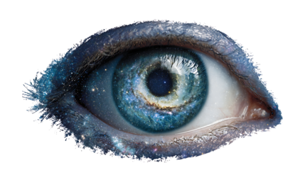 Human eye with galaxy inside the iris, vision concept, isolated on a white background