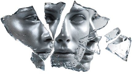 Broken mirror shard reflecting multiple faces, identity concept, isolated on a white background