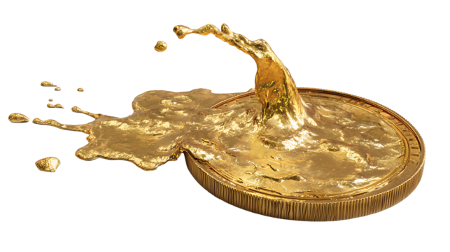 Golden coin melting into liquid gold, wealth and fragility concept, isolated on a white background