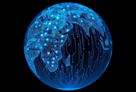 blue digital globe with circuit lines and global network connections, representing the concept of international connectivity Generative AI - Powered by Adobe