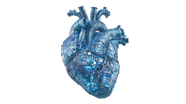 Heart made of circuit boards glowing blue, AI and humanity connection concept, isolated on a white background