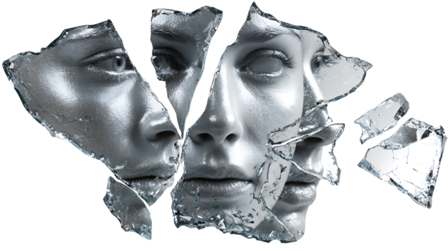 Broken mirror shard reflecting multiple faces, identity concept, isolated on a white background
