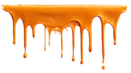 Orange paint drip splatter flowing from top, isolated on a white background