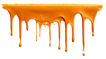 Orange paint drip splatter flowing from top, isolated on a white background