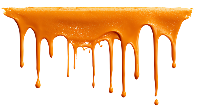 Orange paint drip splatter flowing from top, isolated on a white background