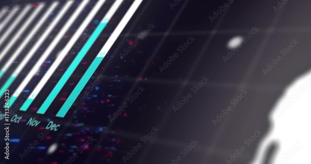 Poster particles drifting on grid, data charts forming dashboard with sliding bar, rotating pie and globe