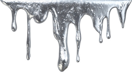 Silver metallic paint drip splatter flowing from top, isolated on a white background