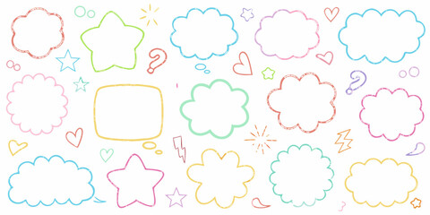 Collection of colorful hand drawn speech bubbles and decorative elements on a white background