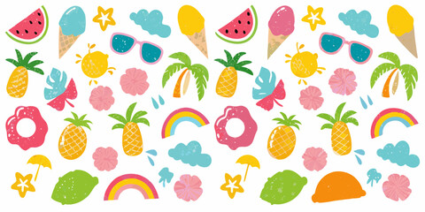 Vibrant summer pattern with tropical fruits ice cream sunglasses and beach elements