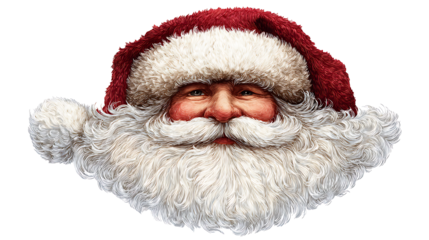 Santa Claus face illustration with beard and hat, isolated on a white background