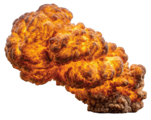 Fiery explosion with intense orange flames and thick smoke, isolated on transparency background, dramatic and powerful energy burst, suitable for action or disaster themes
