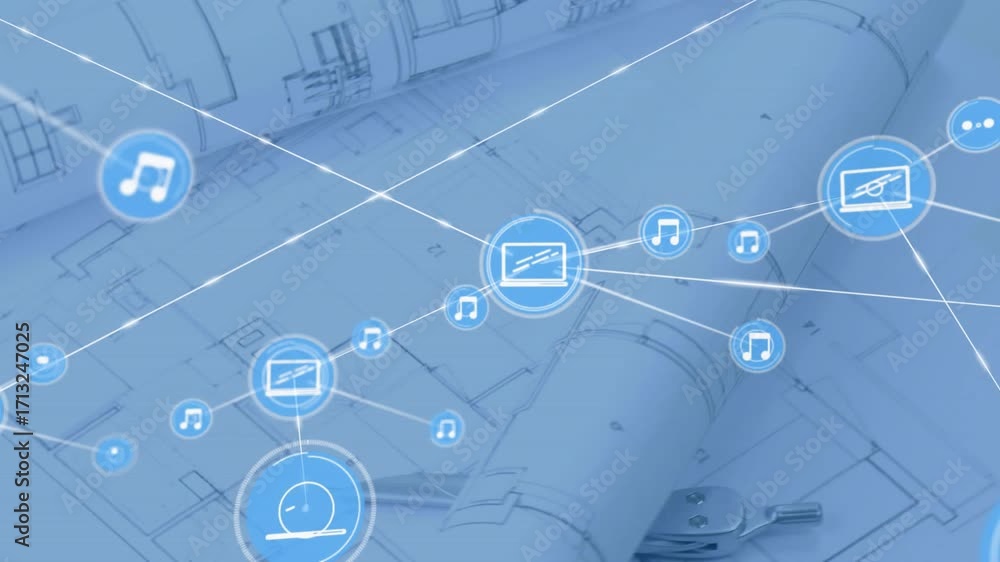 Poster monitor icon emerging forming lines and nodes to visualize media network over plane blueprint