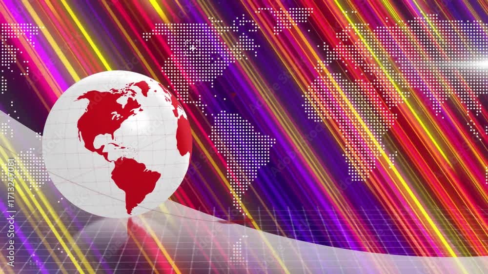 Poster after globe appearing left, sphere rotating and drifting behind grid beams highlighting dotted map
