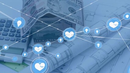 Heart icon fading into center radiating and spawning nodes visualizing network over desk materials - Powered by Adobe