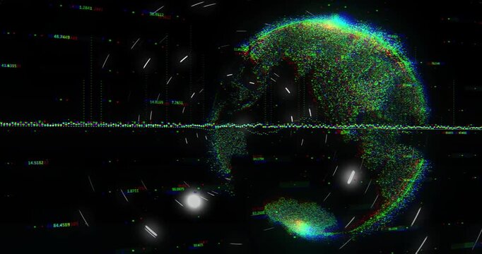 Horizontal waveform pulsing, sparking circular arcs while rotating data globe visualizing data feed