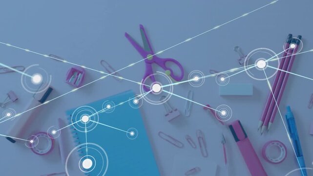 Starting with glowing node at center, flat-lay stationery forming network visualizing connectivity