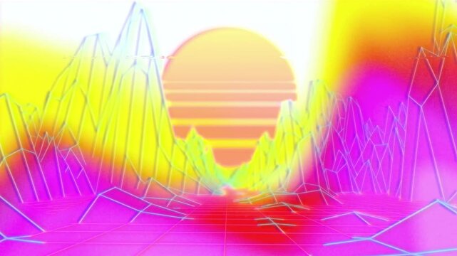 Grid starting flythrough moving forward in retro canyon pulsing neon ridges growing sun for journey