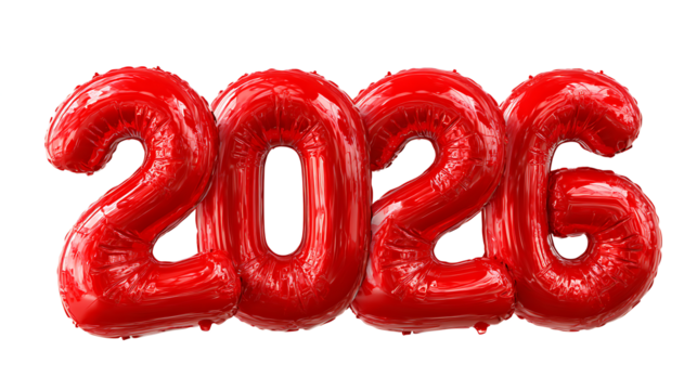 Red 2026 balloon numbers celebration, isolated on a white background