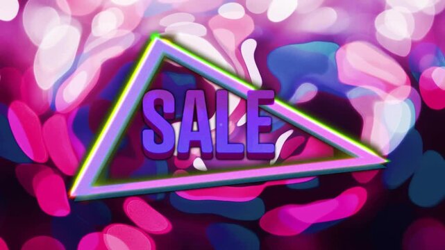 Neon triangle pulsing and shifting before revealing SALE text against bokeh shapes for promotion