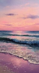 Fototapeta premium Pink sunset over a tranquil beach. Soft waves gently lap at the shore. Pastel colors dominate, creating a dreamy atmosphere