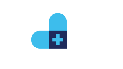 A blue and dark blue logo featuring a pill shape with a plus sign.