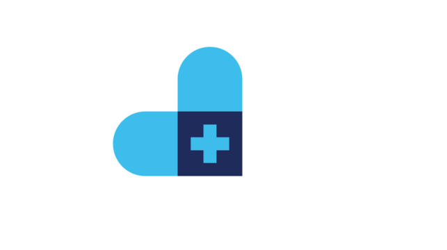 A blue and dark blue logo featuring a pill shape with a plus sign.