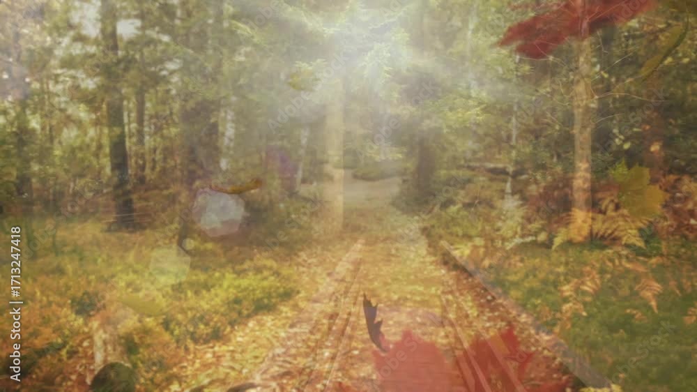 Poster sunlight shining causing leaves drifting and swirling over forest path showing autumn