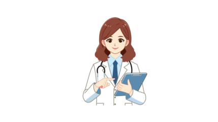 Illustration of a female doctor in a white coat holding a clipboard and pointing with her finger.