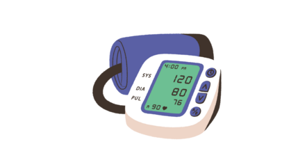 A digital blood pressure monitor with a wrapped cuff, displaying a reading of 120/80.