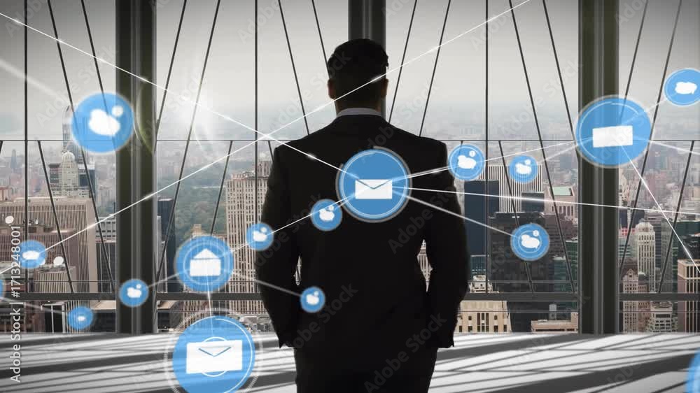 Poster man standing at window observing envelope appearing linking avatars into network for data analysis