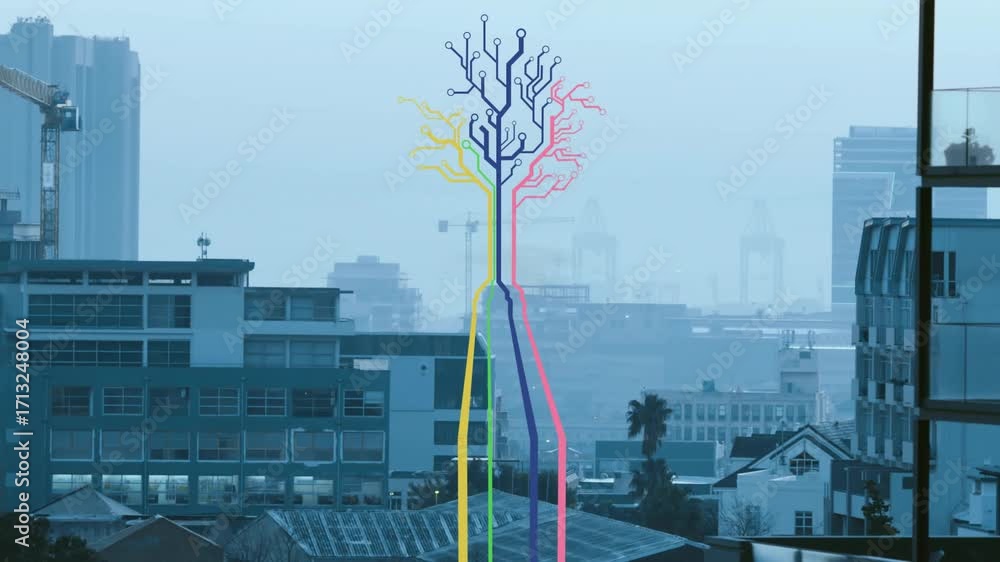 Poster on start four colored lines fading in over rooftops aligning, branching out, showing network growth