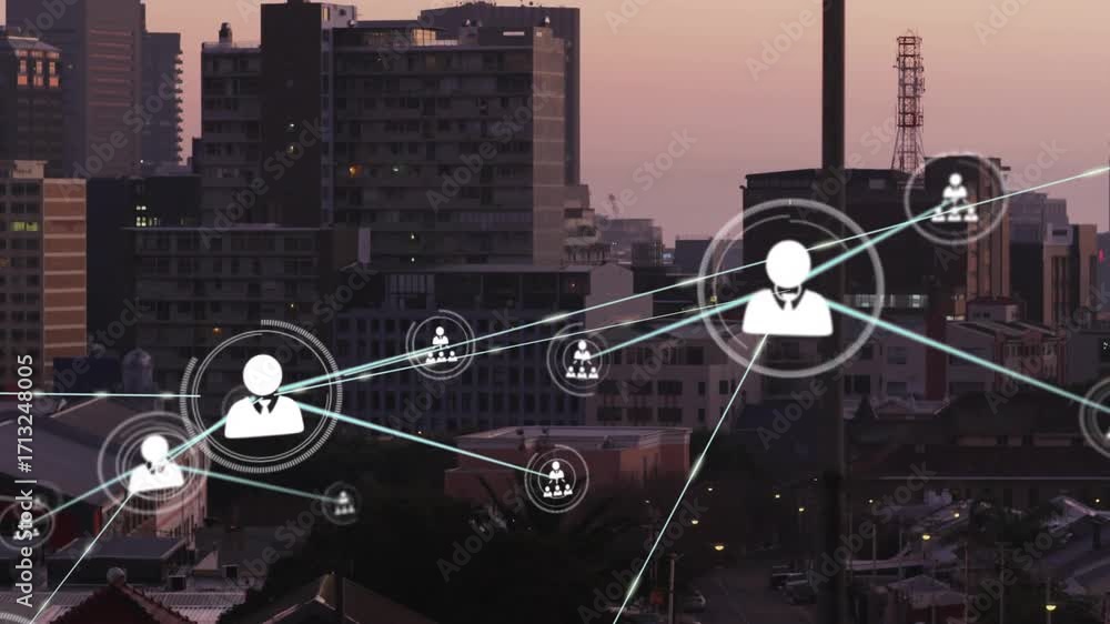 Poster dusk skyline fading, central avatar glowing and extending lines connecting digital network nodes