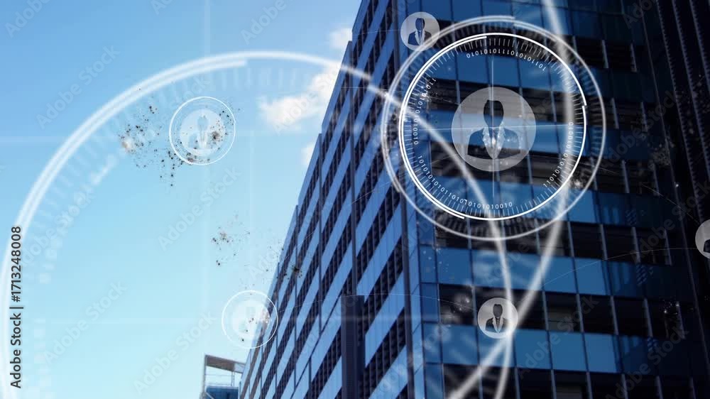 Poster particles drifting by glass tower initiating glowing hud arcs linking user nodes network overlay