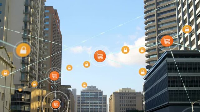 Orange cart pulsing and emerging in center driving yellow lock icons linking web across buildings