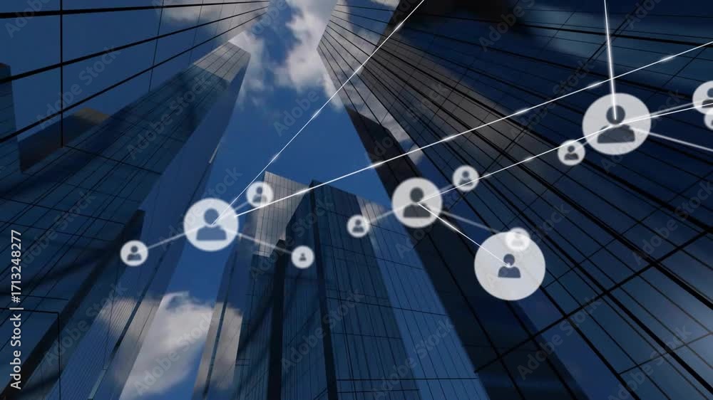 Poster Node fading in triggers user icons spawning and connecting over glass towers showing network growth