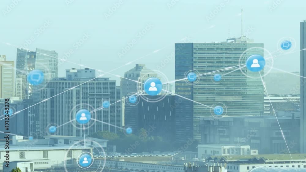 Poster soft ring pulsing triggers user icon appearing, sending glowing lines out, building digital network