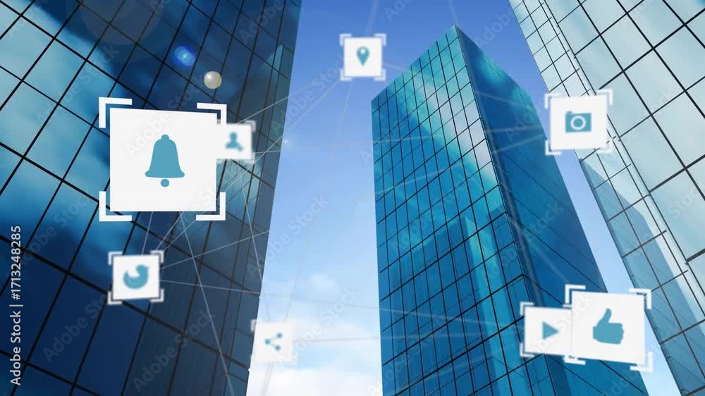 Poster upward view initiating network connecting reflective skyscrapers 3d icons to illustrate data flow
