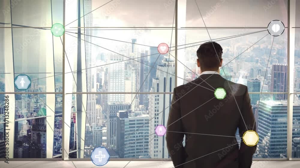 Poster executive standing at window watching tech network appearing pulsing disappearing and turning head