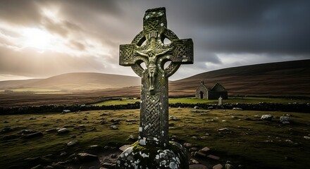 Ancient Celtic High Cross in a Dramatic Irish Landscape.