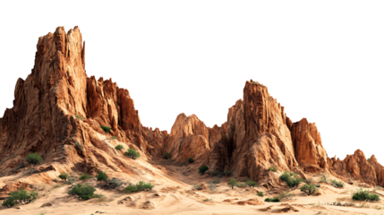 Red rock formations in a desert landscape, isolated on a white background