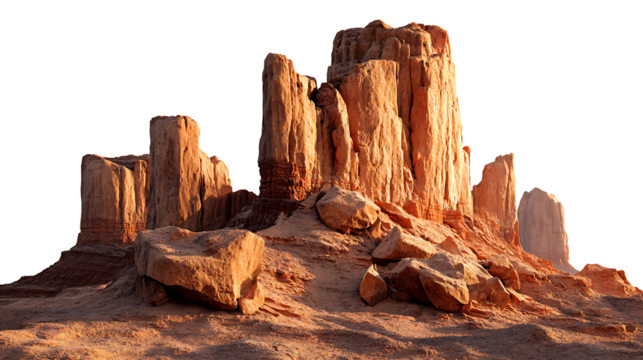 Red rock formations in a desert landscape, isolated on a white background