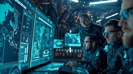 Team of male engineers working with machine interfaces, AI-driven error detection dashboard projected on screen in background, reference for futuristic industrial workflow design - Powered by Adobe