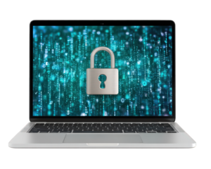 Laptop with digital padlock on screen, glowing blue matrix code background, symbolizing cybersecurity, data protection, privacy, and secure technology in modern digital environment