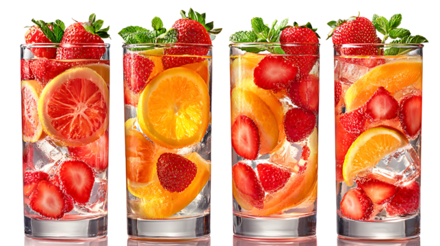 Refreshing orange and strawberry infused water, isolated on a white background