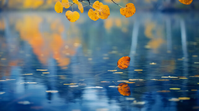 Folha de &aacute;lamo caindo na &aacute;gua de um lago