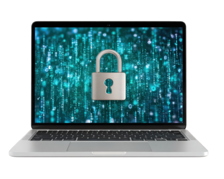Laptop with digital padlock on screen, glowing blue matrix code background, symbolizing cybersecurity, data protection, privacy, and secure technology in modern digital environment