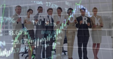Corporate team holding TEAMWORK letters with appearing stock ticker animating chart driving finance - Powered by Adobe