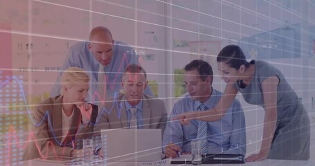 Colleagues leaning over laptop as woman pointing screen, animated financial data guiding agreement