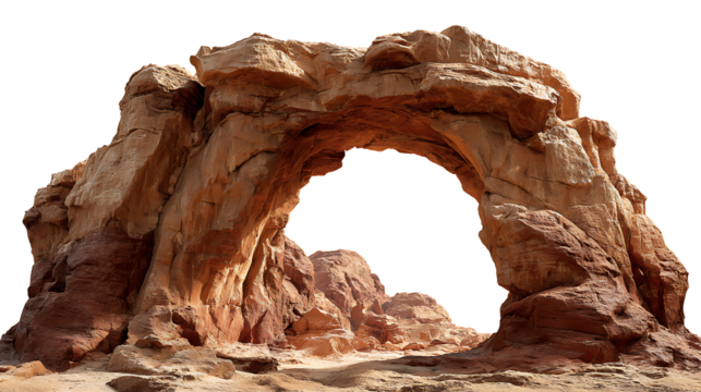 Arched red rock natural bridge in desert, isolated on a white background